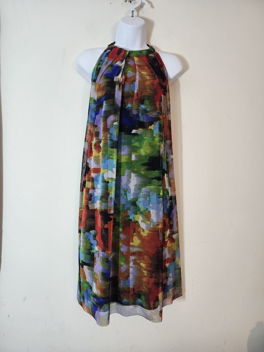 London Times Abstract Print Halter Neckline Pleated Front Sleeveless A-line Dres